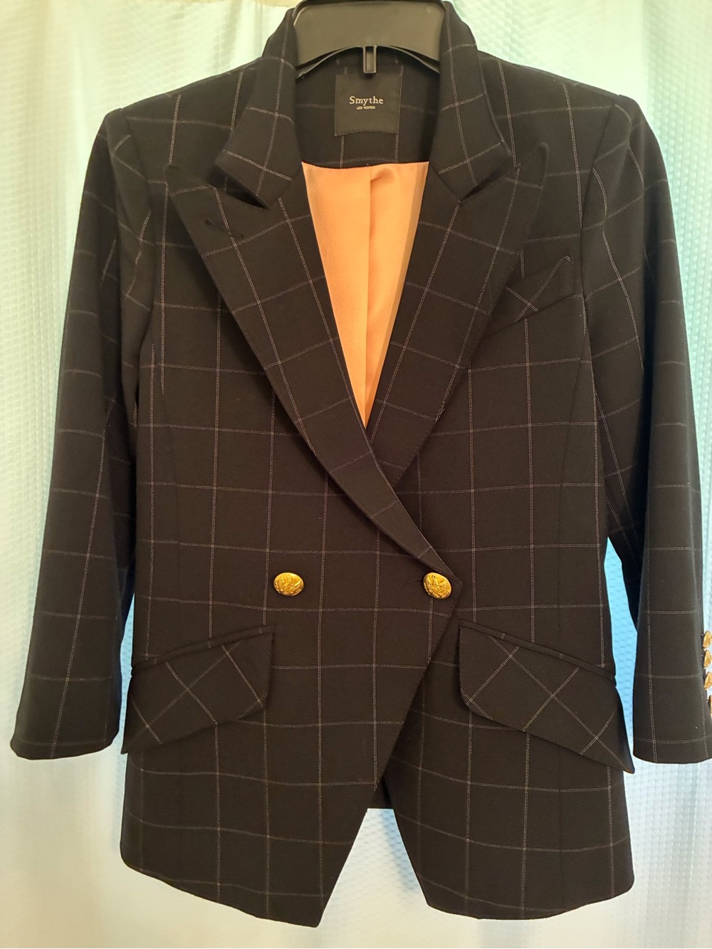 Smythe Black Windowpane Double-Breasted Blazer with Gold Buttons